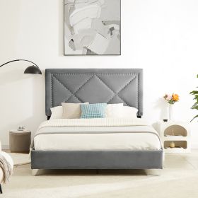 B109 Soft mattress with copper nail headboard, Queen bed, strong wooden slats + metal support feet, Gray Flannelette